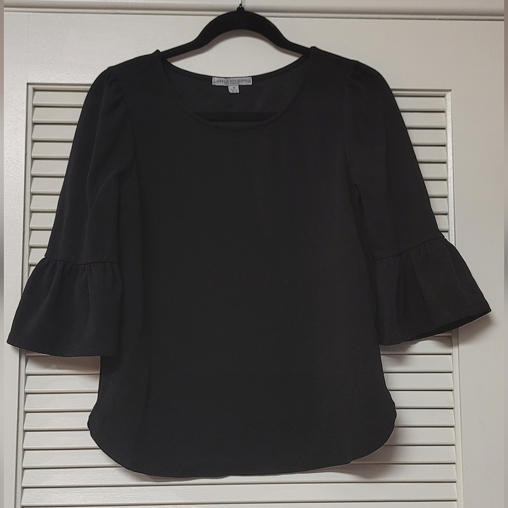 Green Envelope - Black 3/4 Sleeve Top With Ruffle Sleeve